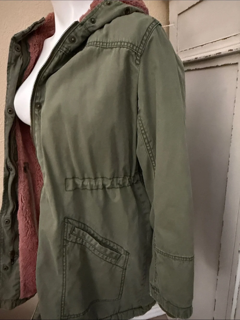 Old Navy Olive Green Hooded Utility Jacket with Pink Faux Fur Lining